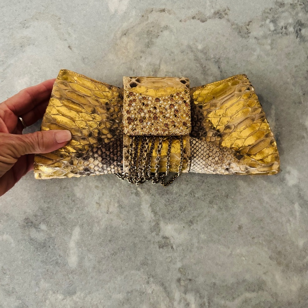 Judith Leiber Metallic Gold Python Snakeskin Purse - image 3